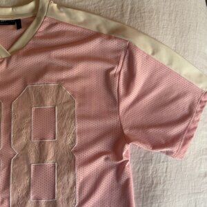 ASOS DESIGN oversized v-neck football t-shirt with lace numbers in pink small